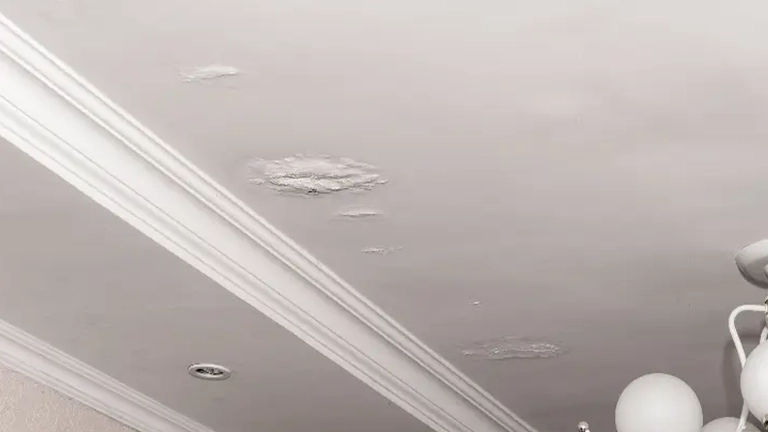 Water stains on a ceiling, a warning sign of a roof leak