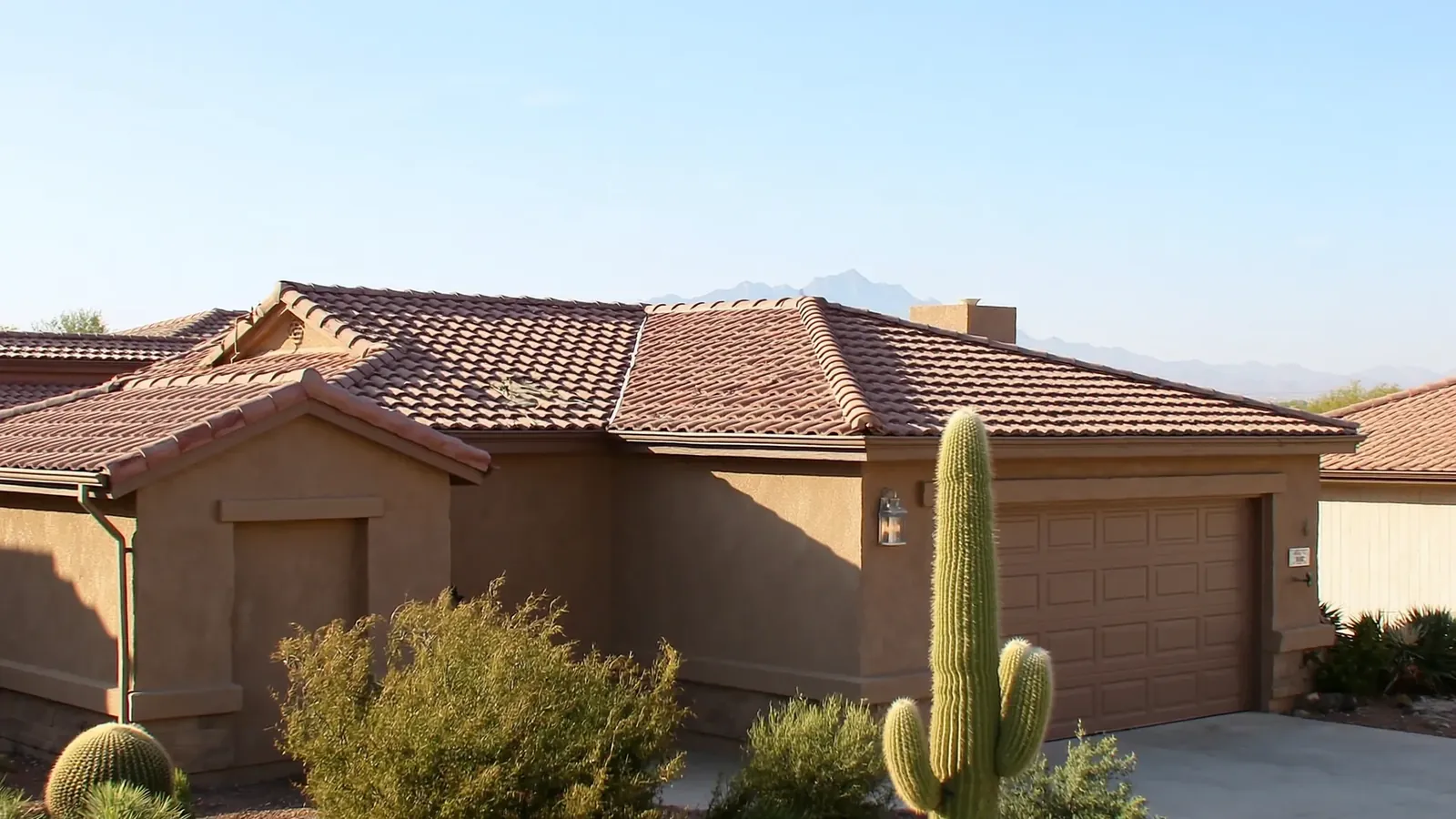 Tile-roofed Arizona home at golden hour in East Mesa